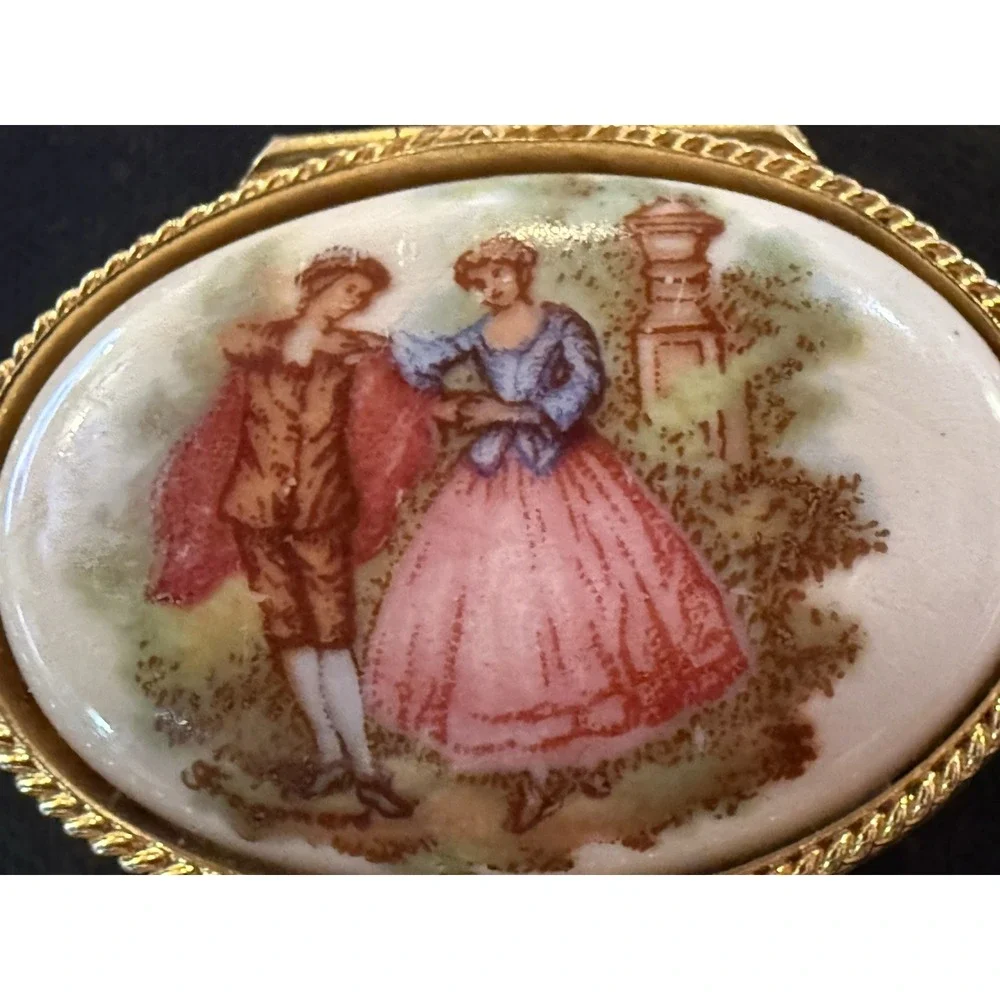 Vintage Fragonard Pill Box Etched Round Gold Tiny Trinket  Snuff Box Pink